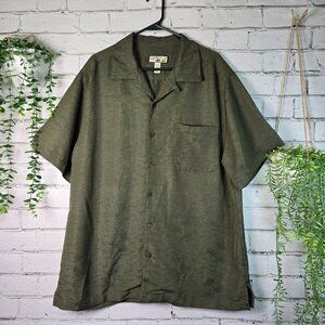 CARIBBEAN JOE SHORT SLEEVE BUTTON DOWN SHIRT DK OLIVE GREEN PALMTREE MENS L